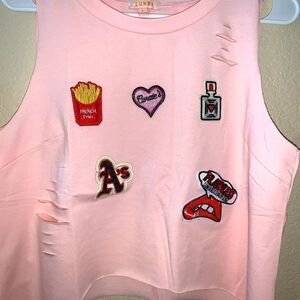 Pink Luxmi.  Distress Crop top, with patches. size L